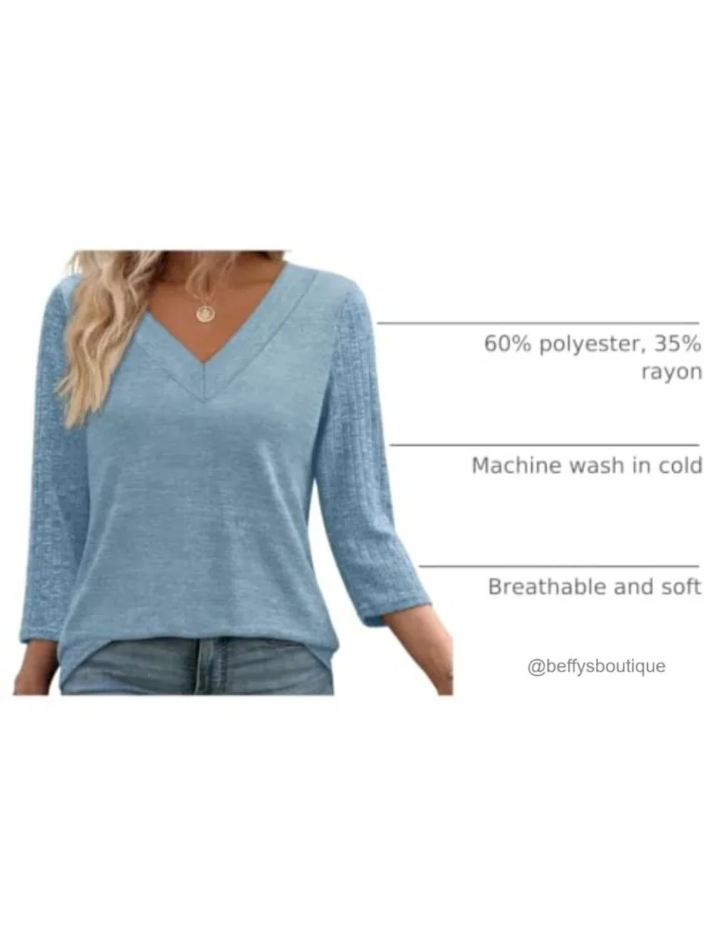 Women's 3/4 Sleeve V-Neck Lightweight Tunic Top
